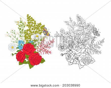 Bouquet with roses and daisies. Traditional European pattern. Stock line vector illustration. Outline hand drawing coloring page for adult coloring book with colored sample