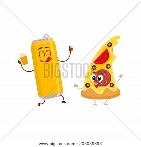 Funny alumium beer can and yummy pizza slice characters having fun, cartoon vector illustration isolated on white background. Funny smiling beer can and pizza, fast food restaurant, good company