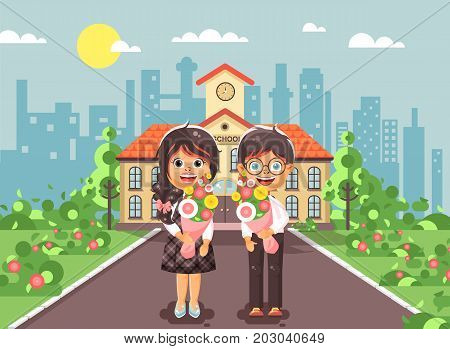 Stock vector illustration characters children schoolgirl and schoolboy, classmates, pupils students stand with bouquets flowers in front of building knowledge day start study back to school flat style
