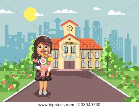 Stock vector illustration cartoon character child lonely brunette schoolgirl, pupil, student standing with bouquet flowers in front of building knowledge day start study back to school flat style