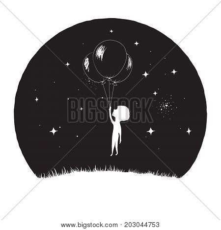 Little boy fly with balloons at the night time on Moon background.Prints design.Vector illustration