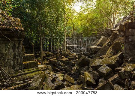 Beng Mealea collapsed temple ruins in the jungle near Siem Reap Cambodia.