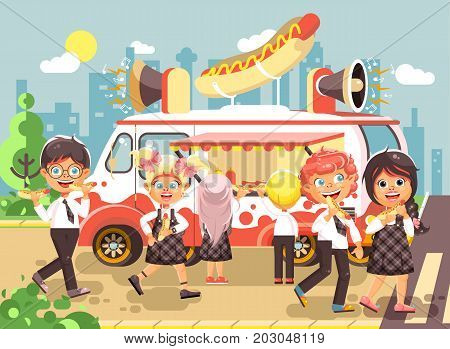 Stock vector illustration cartoon characters children, pupils, schoolboys and schoolgirls buy fast food, sandwiches, hot dogs, sausage from car, meals on wheels, street food, school snack flat style