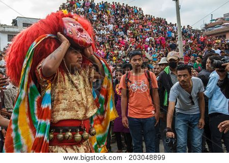 KATHMANDU NEPAL - 9/26/2015: The Majipa Lakhey translated as 