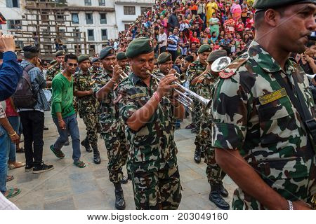 KATHMANDU NEPAL - 9/26/2015: The Nepalese military band performs during the Indra Jatra festival at Durbar Square in Kathmandu Nepal.