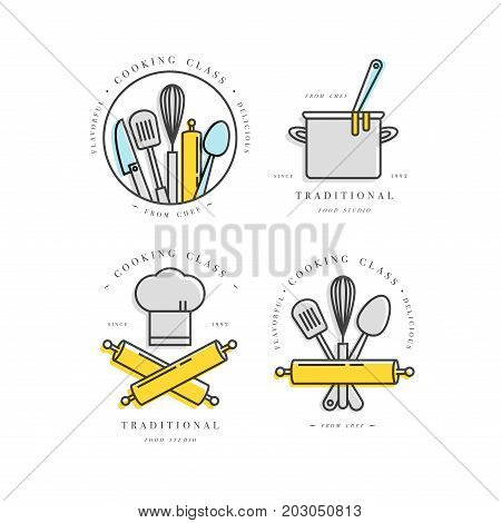 Cooking class linear design elements, set of kitchen emblems, symbols, icons or food studio labels and badges collection. Cooking courses signs template or logo, identity, culinary school.
