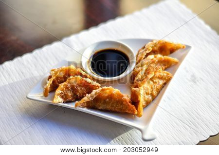 Chicken Pot Stickers, Crispy fried or steamed dumplings with sweet soy sauce