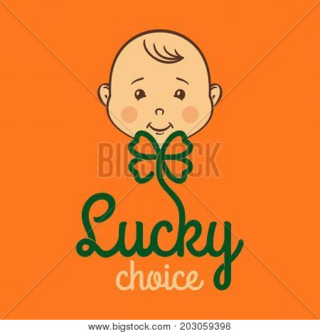 Banner for toyshop happy child with lucky clover. Vector template