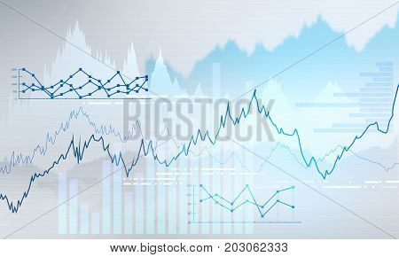 Abstract business chart with uptrend line graph bar chart and diagram in bull market on light grey background with blue spot.
