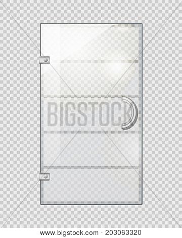 Transparent door isolated on grey checkered background. Vector illustration of isolated clear glass door with long doorhandle. Mock up decorative object of shops, boutiques for entrance and exit