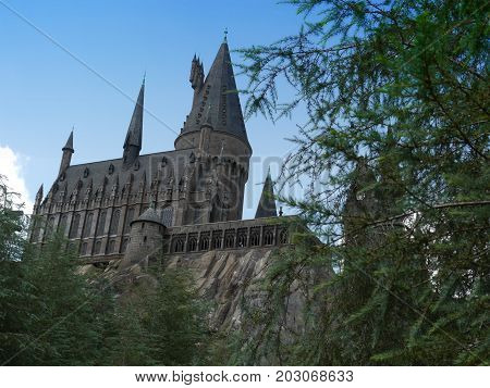 ORLANDO, FLORIDA--One of the top attractions at the Universal Studios theme park in Orlando, Florida is the Hogwarts Castle. Photo taken in August 2015.