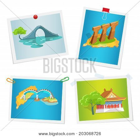 Taiwanese attractions on images attached to wall by paper clips, drawing pins and scotch tape. Vector colorful poster in flat design of Asian exotic bridges, columns set, traditional house with tree