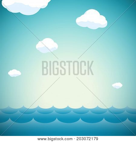 Natural background with sky and clouds. Waves on the water surface. Flat graphics decorations. Stock vector cartoon illustration.