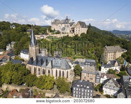 Historic castle and church in the old town of Marburg. Hesse Germany