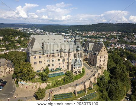 Marburg Germany - Sep 3 2017: Aerial view over the historic Landgrafenschloss in Marburg Hesse Germany