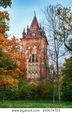 Pavilion Chapel in park of residence of kings tzar Tsarskoye selo town Pushkin Bright Autumn St. Petersburg Russia.