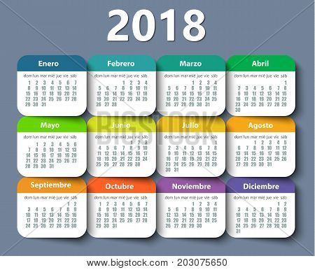 Calendar 2018 year vector design template in Spanish, Week starting on Monday. EPS