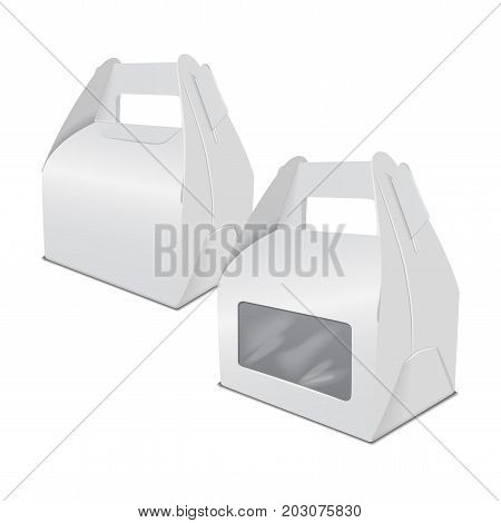 Set of realistic paper cake packaging box mock up, gift container with handle and window. Take away food box vector template for your design