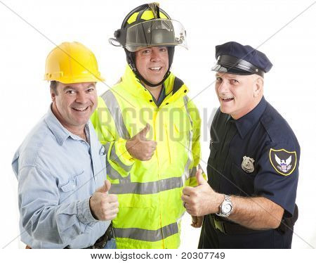 Trabajadores de cuello azul amistoso - bombero, policía, trabajador de la construcción - dando pulgares cartel.  ISO