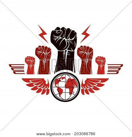 Clenched fists of angry people winged vector emblem composed with Earth globe symbol. Civil war abstract illustration. Social revolution concept.