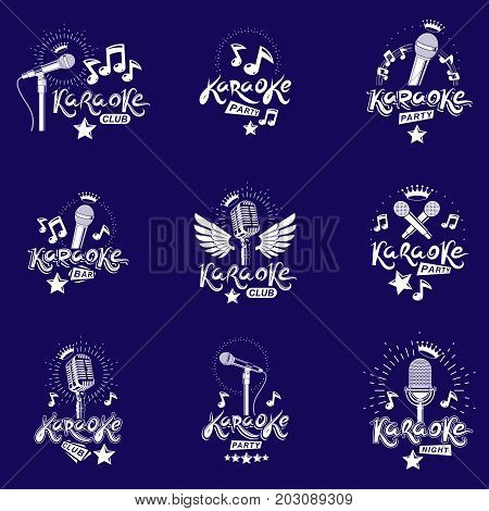 Collection of vector design elements which can be best used for karaoke theme emblems and posters composition. Nightlife entertainment and festival concept.