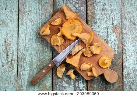 Fresh chanterelle mushrooms cut with wooden handle knife on old shabby turqoiuse boards above view
