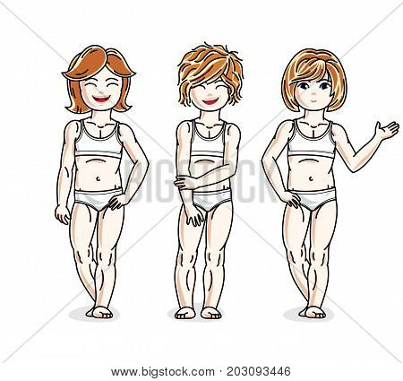 Cute happy little girls posing in white underwear. Vector set of beautiful kids illustrations.