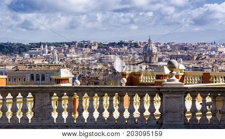 view of rome through a marble balustrade from the Janiculum Hill (Il Gianicolo)