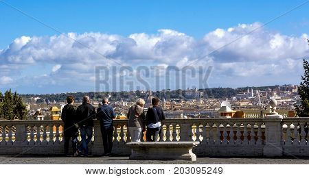 Rome Italy march 27 2017: people enjoy a breathtaking view of the eternal city from the Janiculum Hill (Il Gianicolo)