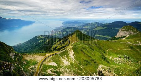 View from Rocher de Naye, Switzerland, towards Lake Leman. Above Montreux.