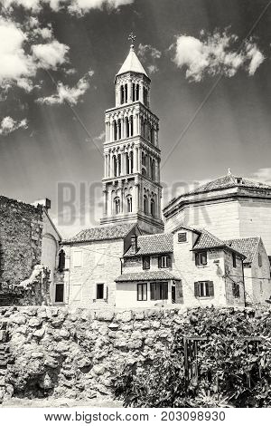 Cathedral of Saint Domnius in Split Croatia. Religious architecture. Travel destination. Black and white photo.
