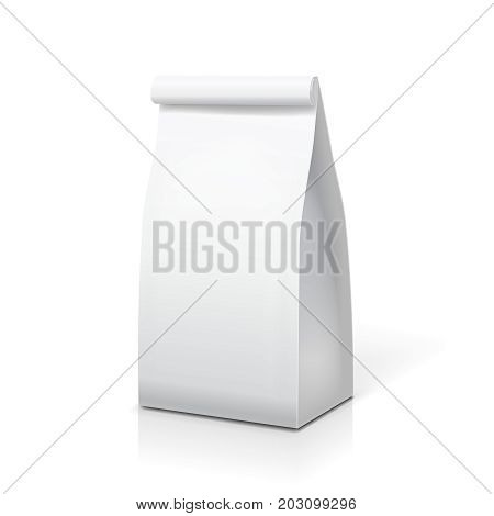 Paper bag for food coffee tea. White blank snack package template.