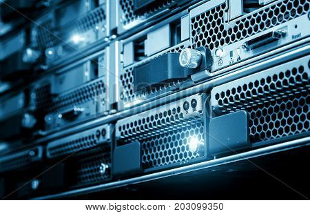 Computer Server in rack server close-up with blue light