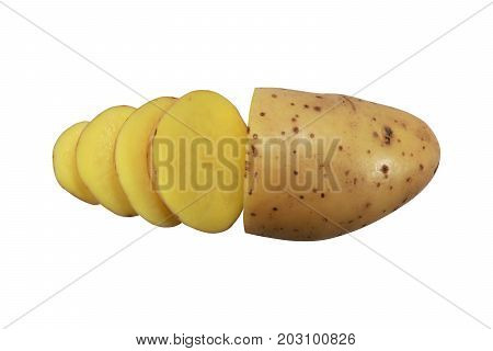 Raw potato are cut for cooking delicious food Isolated on white background