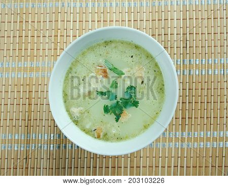 Allgauer Kasesuppe - Bavarian winter soup close up traditional meal