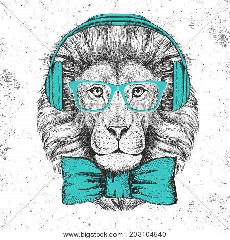 Hipster animal lion. Hand drawing Muzzle of lion