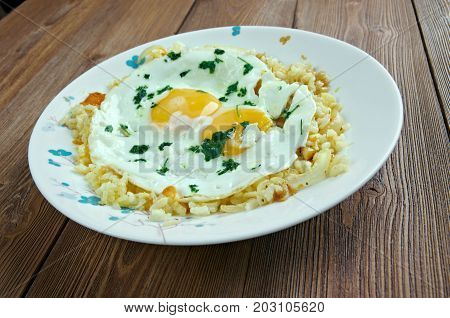 sheshryanch eggs plov. Azerbaijani cuisine dish , close up meal