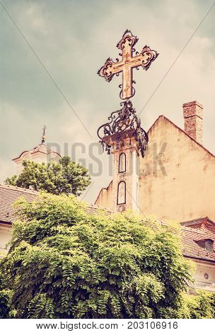 Szentendre Hungary. Religious architecture. Place of worship. Symbolic object. Red photo filter.