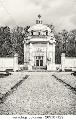 Mausoleum of The Andrassy family near castle Krasna Horka Slovak republic. Architectural theme. Black and white photo.