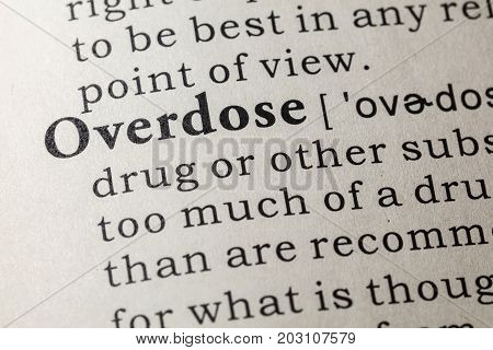 Fake Dictionary Dictionary definition of the word overdose. including key descriptive words.