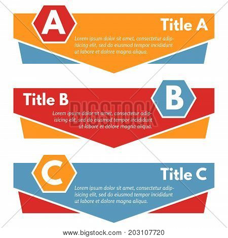 Set of three horizontal colorful options banners. Step by step infographic design template. Vector illustration