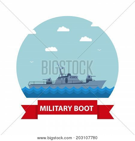 Icon with the fighting boat in flat style.The military boat in flat style battleship.Modern fighting patrol ship. Boundary gun boat. Naval frigate.