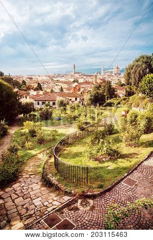 View from Giardino delle Rose to the city of Florence. Tuscany Italy. Beautiful travelling scene.