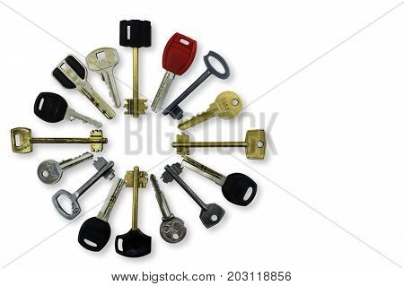Set of many different keys isolated on white background.