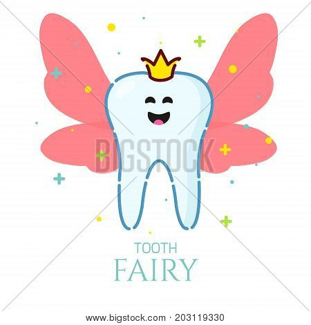 Smiling cartoon tooth fairy with wings on white background. Oral dental hygiene. Teeth whitening and restoration. Dental health symbol. Human body medical concept. Vector illustration.