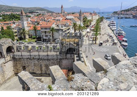 TROGIR, CROATIA - JULY 12, 2017: View of the town from the fortress of the city of Trogir.