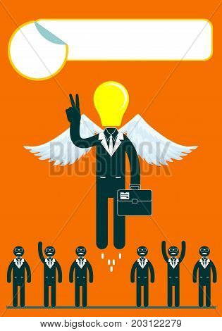 light bulb headed businessmen In the center of a group of people. Idea and leadership concept. Stock flat vector illustration.