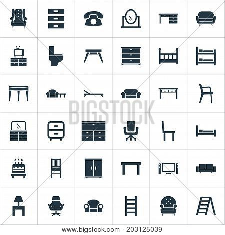 Elements Chest Drawers, Bedside Socle, Display And Other Synonyms Design, Stairway And Mattress.  Vector Illustration Set Of Simple Furniture Icons.