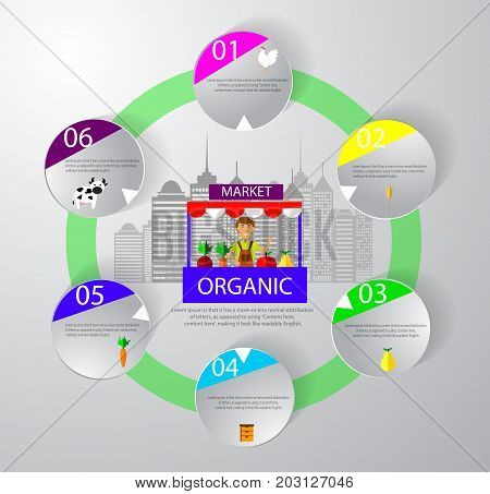 Farm market fruit shop infographic Modern flat style fresh vegetables on vector illustration. City gets fresh produce concept