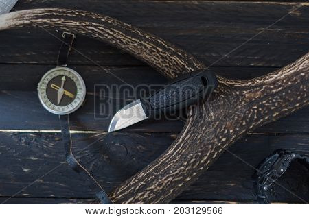 Hunting Swedish Knife With A Deer Horn And Compass.